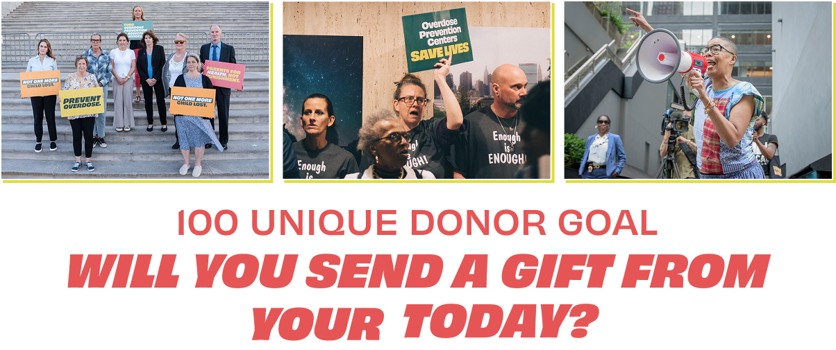 A series of images of people protesting with the caption: 100 Unique Donor Goal: Will you send a gift today?