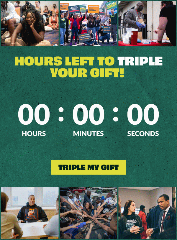 Hours left to triple your gift! Below text is a clock counting down until midnight.