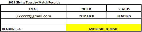 A grid with text, 2023 Giving Tuesday Match Records, your email address, offer 2X match, and status pending