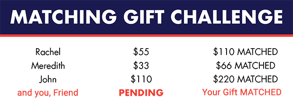 MATCHING GIFT CHALLENGE! Rachel gave $55 and her gift was matched to $110. Meredith gave $33 and her gift was matched to $66. John gave $110 and his gift was matched up to $220. Make your gift next!