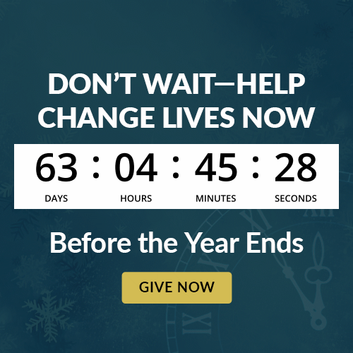 Image of a of a timer counting down with wording stating Don't wait - help change lives now before the year ends.