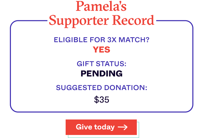 Pamela&rsquo;s Supporter Record Eligible For 3X Match? YES Gift Status: Pending Suggested Donation: $35 Give Today