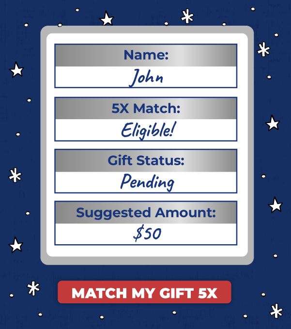 Your pending gift is eligible for the 5X match – donate today!