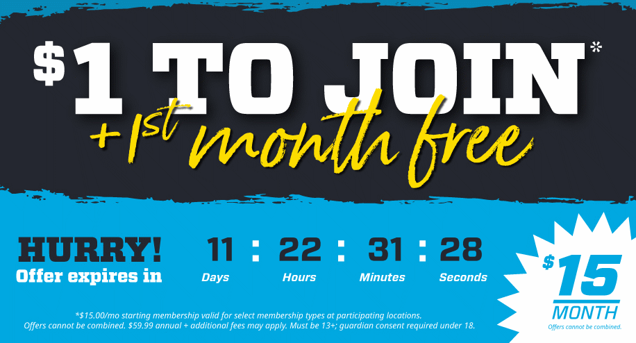 graphic showing eos fitness dollar and days free to join promo