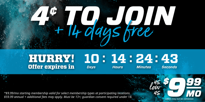 graphic showing eos fitness dollar and days free to join promo