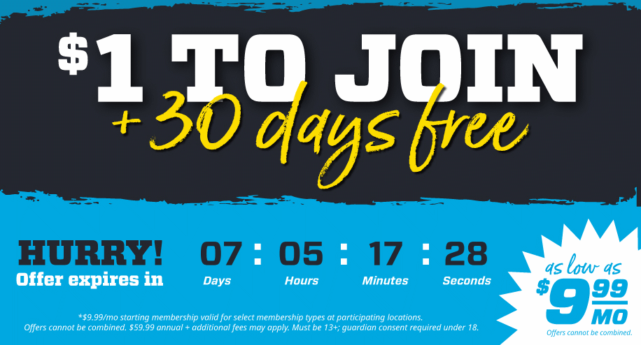 graphic showing eos fitness dollar and days free to join promo