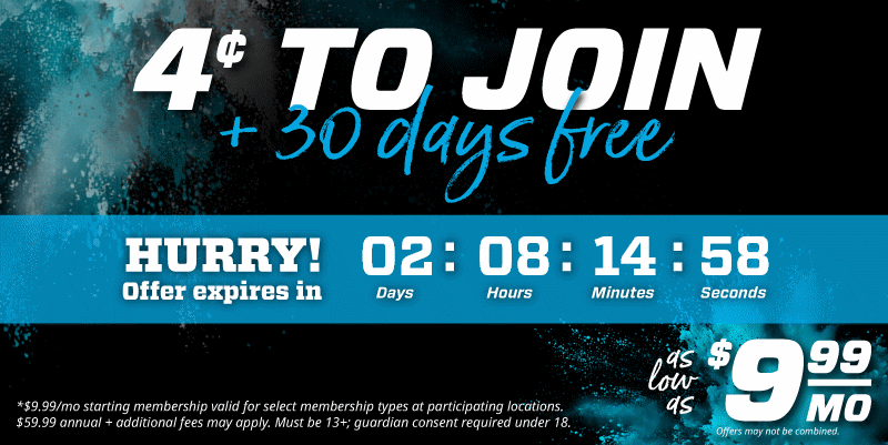 graphic showing eos fitness dollar and days free to join promo