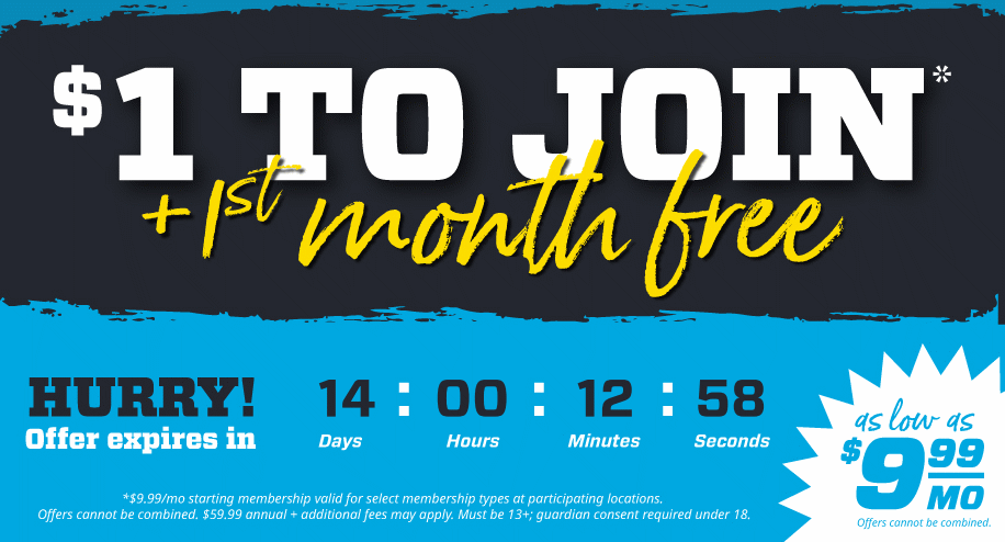 graphic showing eos fitness dollar and days free to join promo