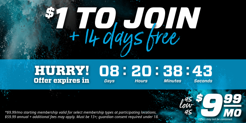 graphic showing eos fitness dollar and days free to join promo
