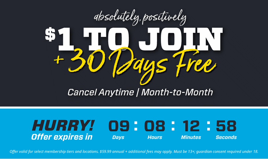 graphic showing eos fitness 1 dollar and days free to join promo
