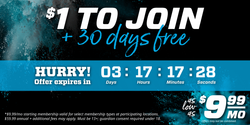 graphic showing eos fitness dollar and days free to join promo
